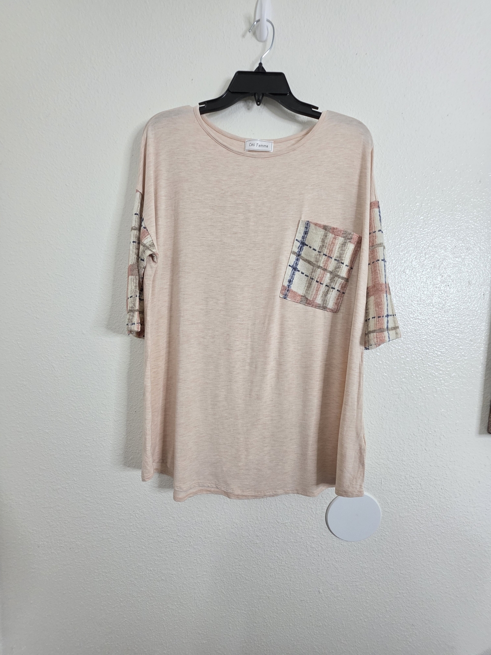 Ces Femme Womens Plaid Contrast Sleeve Pocket Top Medium Blush Pink